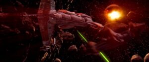 A cloaked Jedi Exile stands in a dark, metallic corridor of the Peragus mining facility looking at a damaged droid