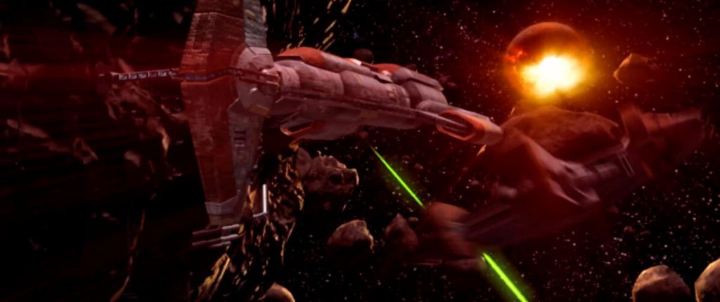 A cloaked Jedi Exile stands in a dark, metallic corridor of the Peragus mining facility looking at a damaged droid