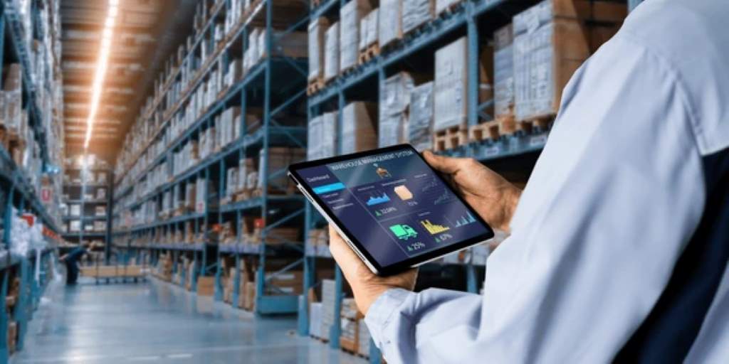 Illustration of a small shop owner using AI tools for inventory management on a tablet.