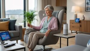 Elderly woman using voice-activated smart speaker while sitting comfortably in modern living room with assistive technology