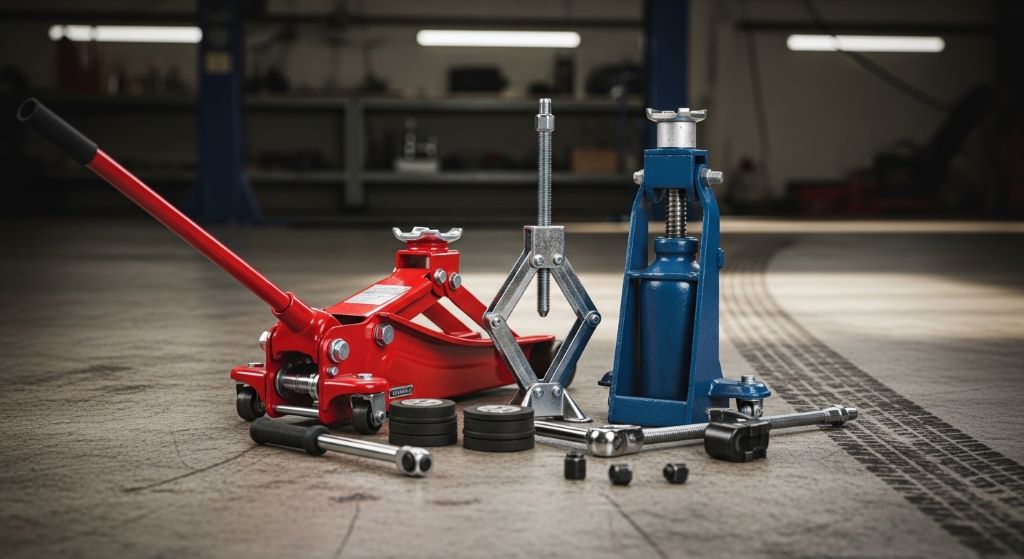 Various car lifting tools including floor jack, bottle jack, and scissor jack on workshop floor