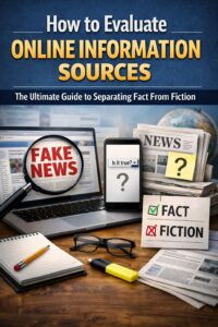 Screen showing fact-checking process with multiple tabs comparing reliable and unreliable sources