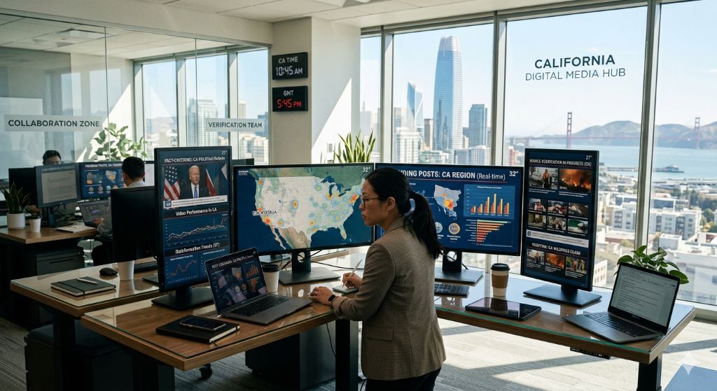Digital media analyst fact-checking trending posts and videos on multiple screens in California