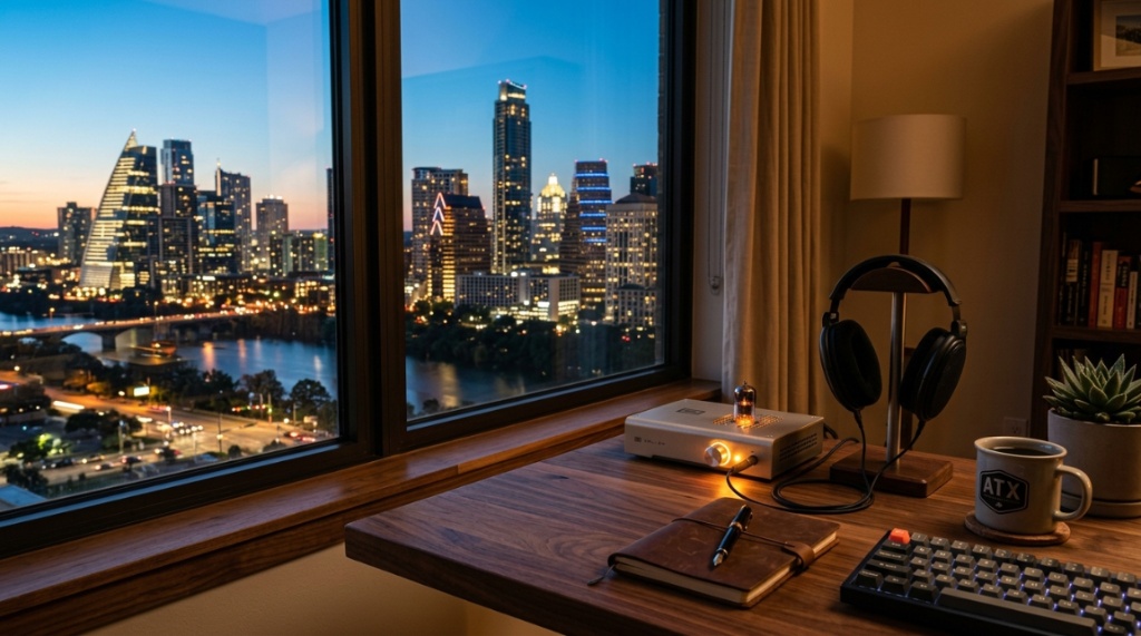 Compact desktop headphone amplifier resting on a wooden desk near a window.