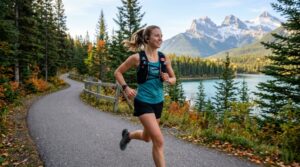 Runner wearing wireless sports earphones outdoors in a Canadian park