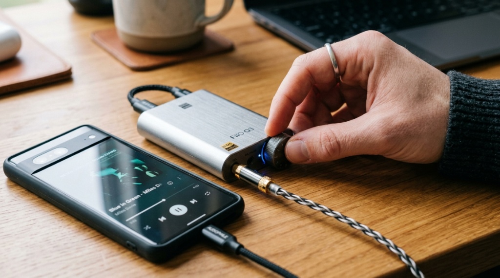 Person adjusting volume knob on a portable headphone amplifier.
