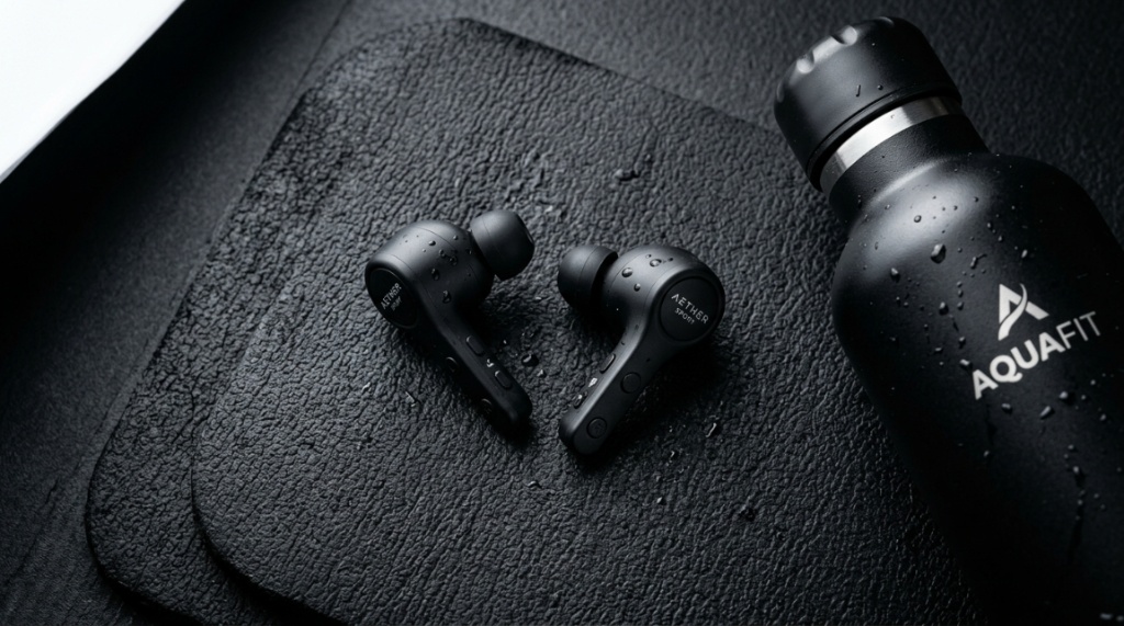 Close-up of sweat-resistant wireless earbuds resting on a fitness mat